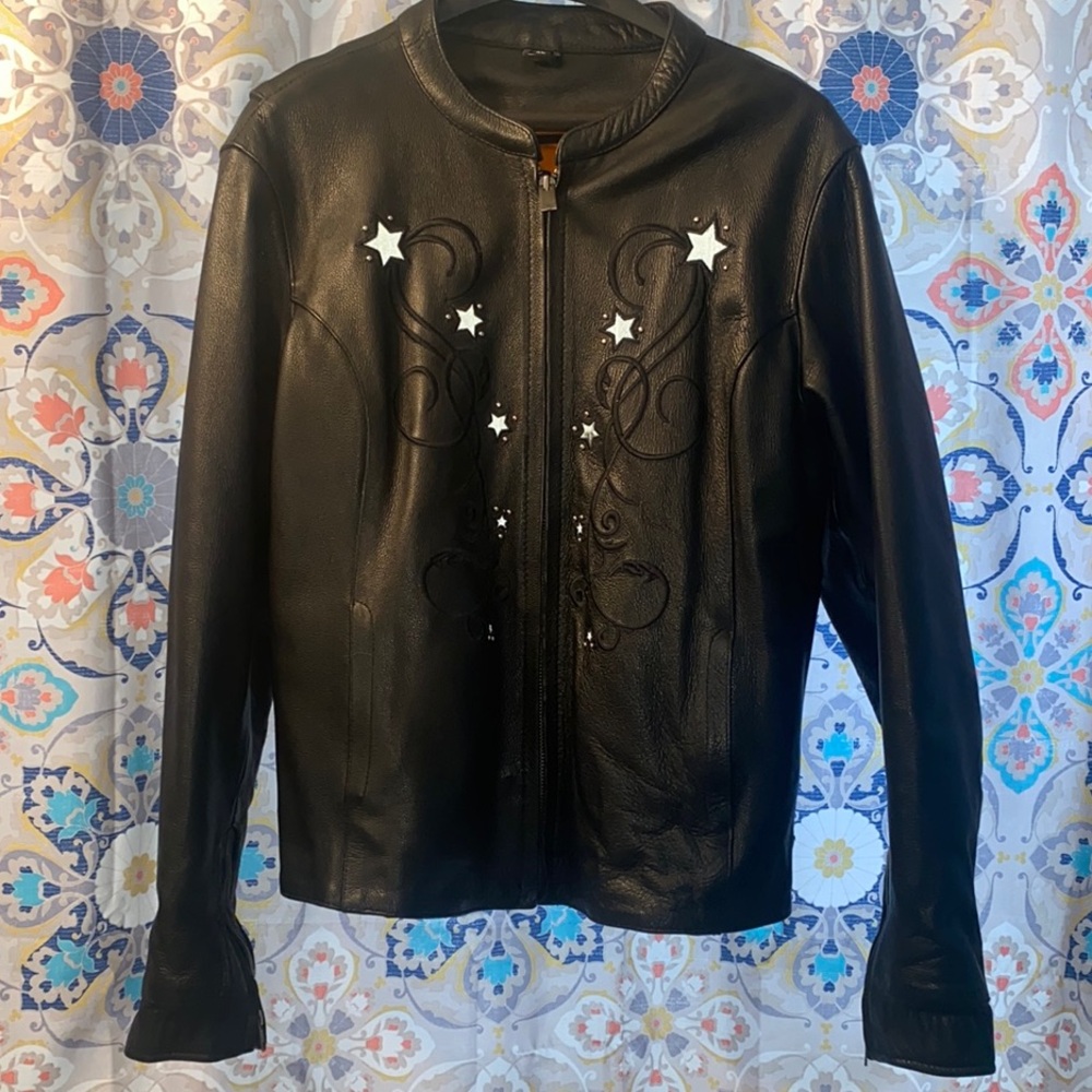 Black Leather Jacket with Star Embellishments